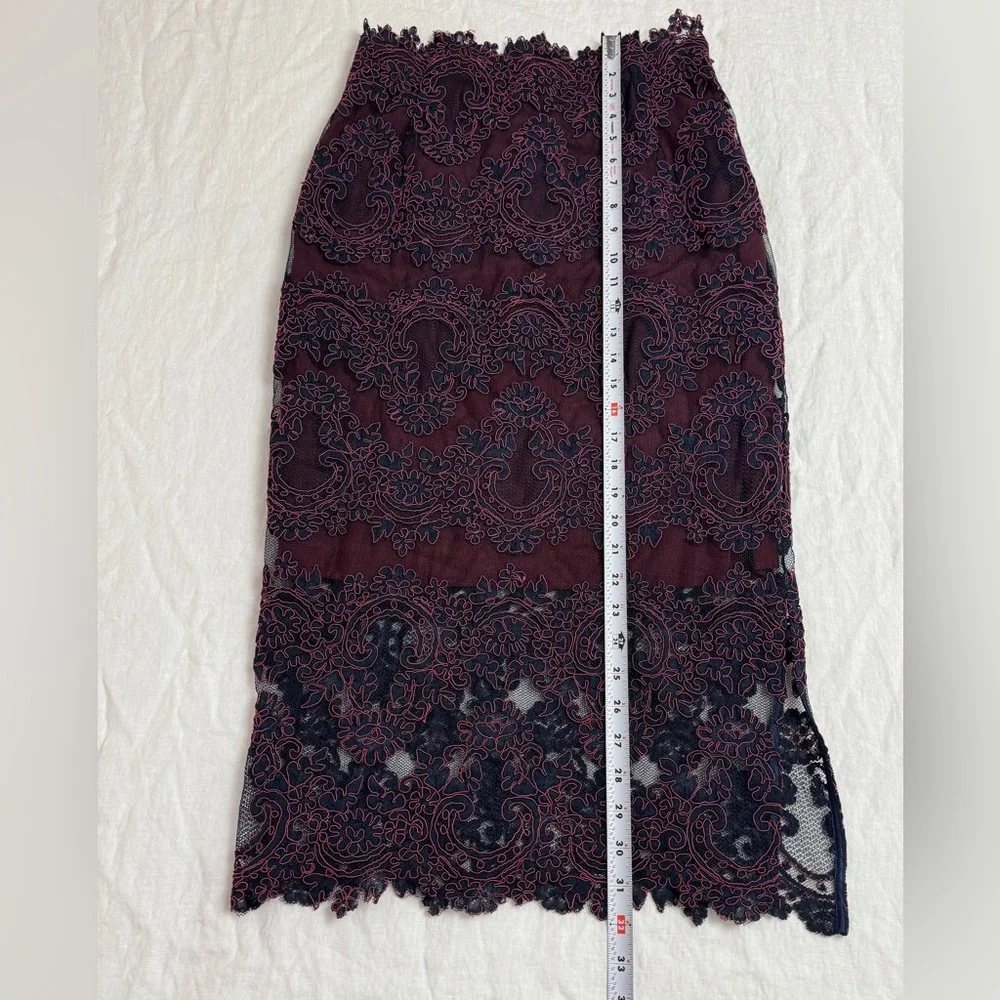 Sandro Paris Lace Overlay Burgundy & Blue Midi Pencil Skirt Size 2 Designer